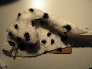 A test section of shaped polystyrene lined with fake dalmation fur, show from above